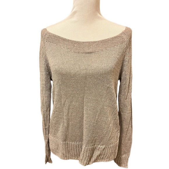 GARNET HILL Sweater •S• Linen Blend Pullover Taupe Loose Fit Open Boat Neck - Picture 1 of 7
